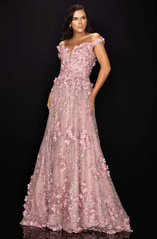 Plus size dresses with hidden support shape secretly -Terani Couture - 2011M2143 Floral Appliqued Off-Shoulder A-Line Dress