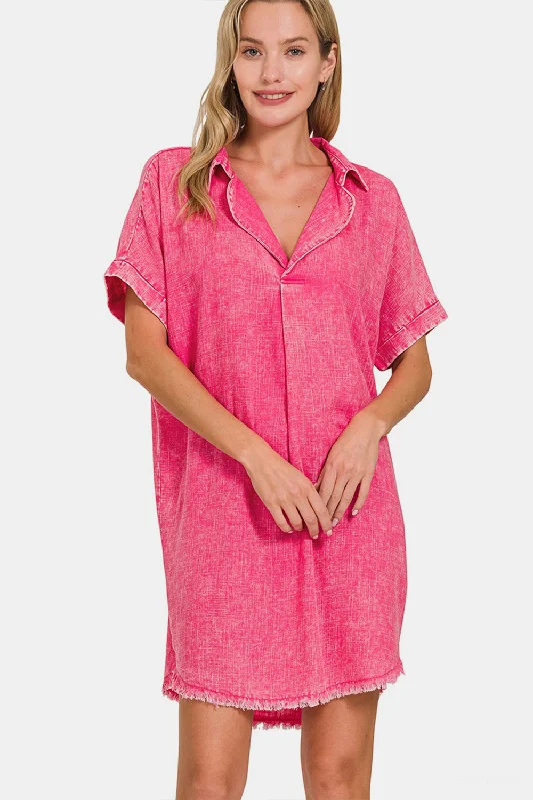 Plus size dresses with unique patterns catch eyes -Zenana Washed Linen V-Neck Raw Hem Dress