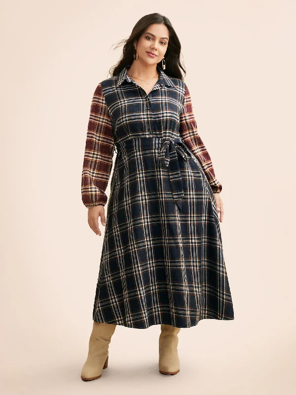 Plus size dresses with fit-and-flare shapes flatter -Shirt Collar Plaid Contrast Belted Dress