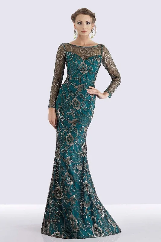 Plus size dresses with side ties cinch nicely -Feriani Couture - 18718 Floral Lace Long Sleeve Sheath Dress