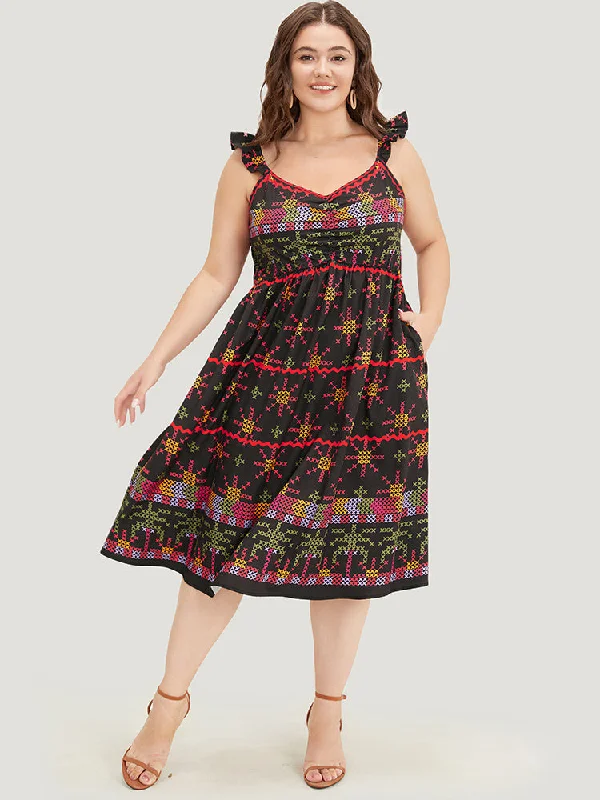 Plus size dresses with wide belts define waists -Geometric Print Ruffle Trim Pocket Ruched Detail Cami Dress