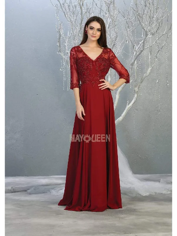 Plus size dresses with muted tones blend well -May Queen - RQ7820 Bead Embellished V-Neck A-Line Dress