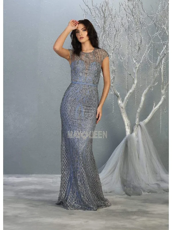 Plus size dresses with unique necklines add flair -May Queen - MQ1722 Cap Sleeve Illusion Glitter Motif Sheath Dress