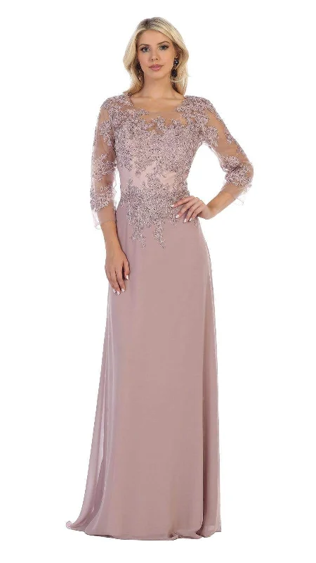 Plus size dresses featuring wrap styles are versatile -May Queen - MQ1637 Illusion Quarter Sleeve Appliqued Sheath Gown