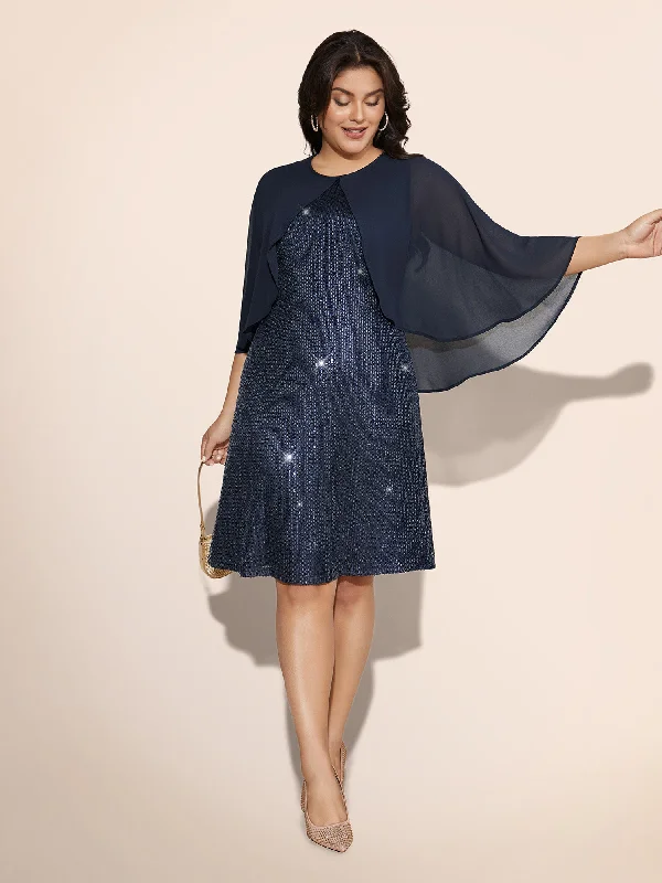 Plus size dresses featuring sequins sparkle subtly -Sequin With Mesh Cape Dress