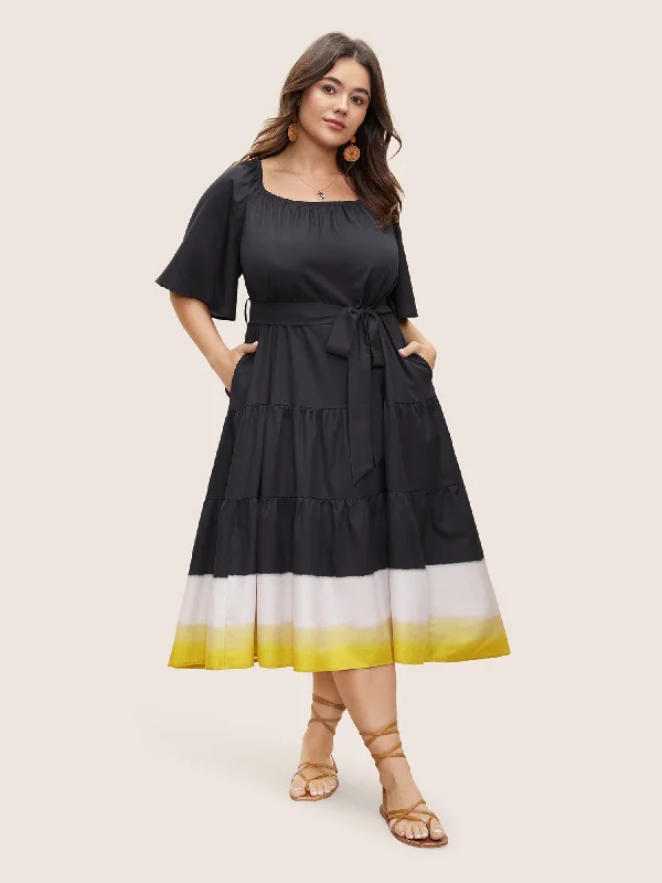 Plus size dresses featuring wrap styles are versatile -Square Neck Ombre Belted Ruffle Layered Hem Dress