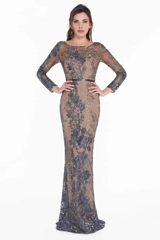 Plus size dresses with long sleeves cover comfortably -Terani Couture - 1822E7292 Metallic Lace Embroidered Sheath Dress