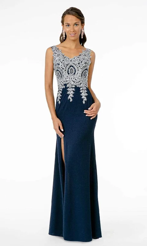 Plus size dresses with tie waists adjust perfectly -Elizabeth K - GL1839 Appliqued Bodice High Slit Long Dress