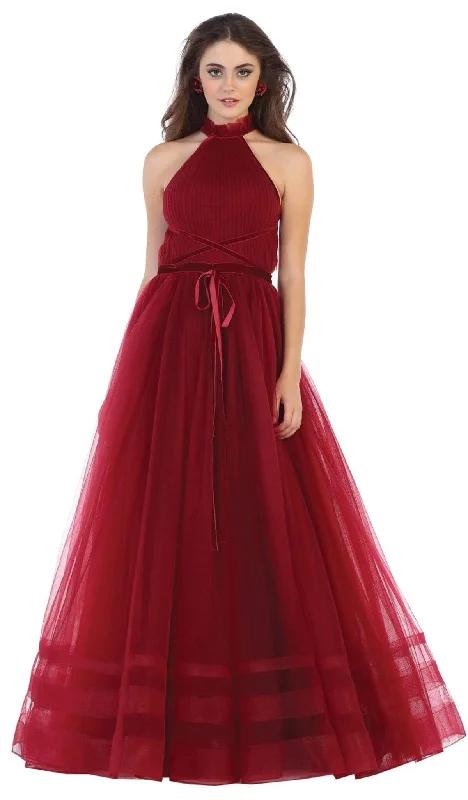 Plus size dresses with sleek finishes stay polished -May Queen - RQ7669 High Neck Pleated A-Line Evening Gown