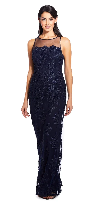 Plus size dresses with sleek necks stay elegant -Adrianna Papell - AP1E204699 Embroidered Illusion Sheath Dress