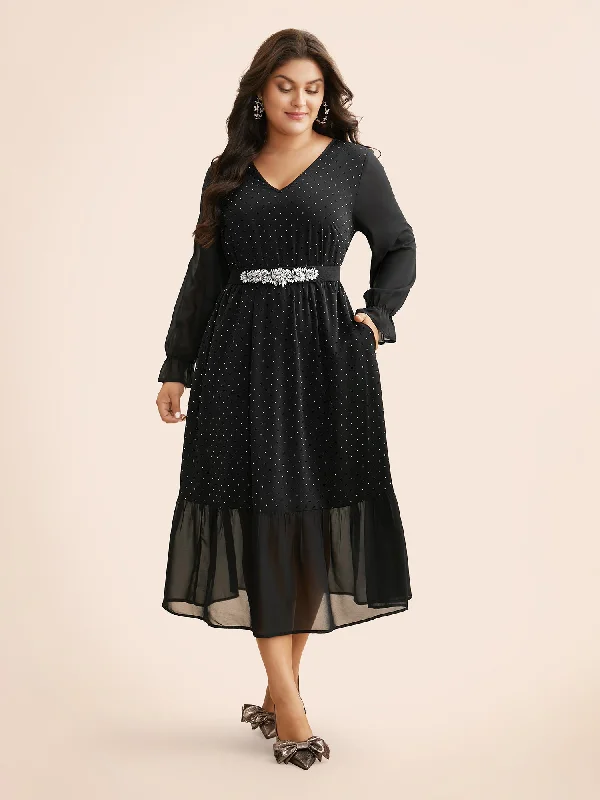 Plus size dresses for travel pack light always -V Neck Rhinestone Patchwork Ruffles Dress