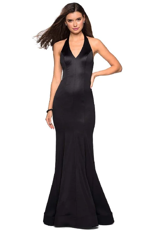 Stylish plus size dresses with stretch fabric flatter all -La Femme - 27653 Plunging Halter Fitted Trumpet Evening Gown