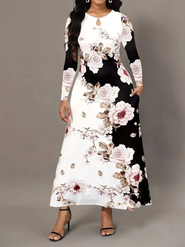 Plus size dresses featuring fuzzy accents are warm -Pocketed Printed Long Sleeve Dress