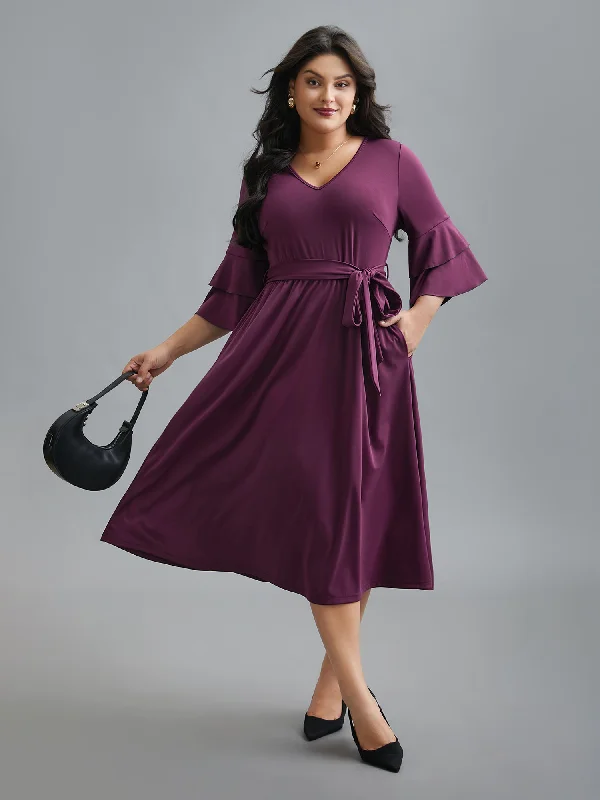 Plus size dresses with durable fabrics endure wear -Tiered Ruffles Belted Stretchy Waist Dress