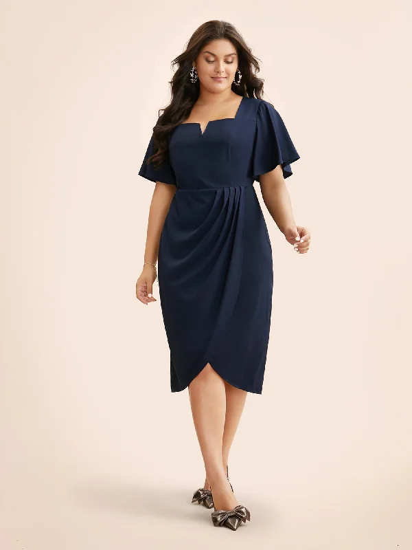 Plus size dresses featuring maxi lengths flow gracefully -Notched Collar Pleated Ruffle Sleeve Dress