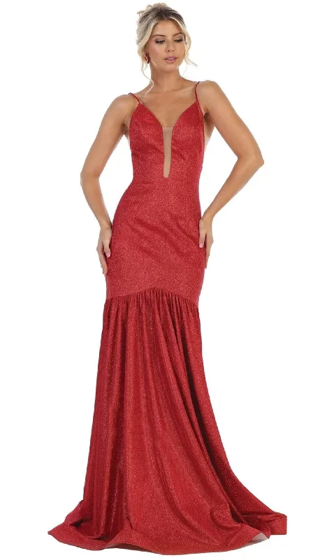 Plus size dresses featuring beadwork dazzle quietly -May Queen - RQ7725 Plunging V-Neck Fitted Trumpet Gown