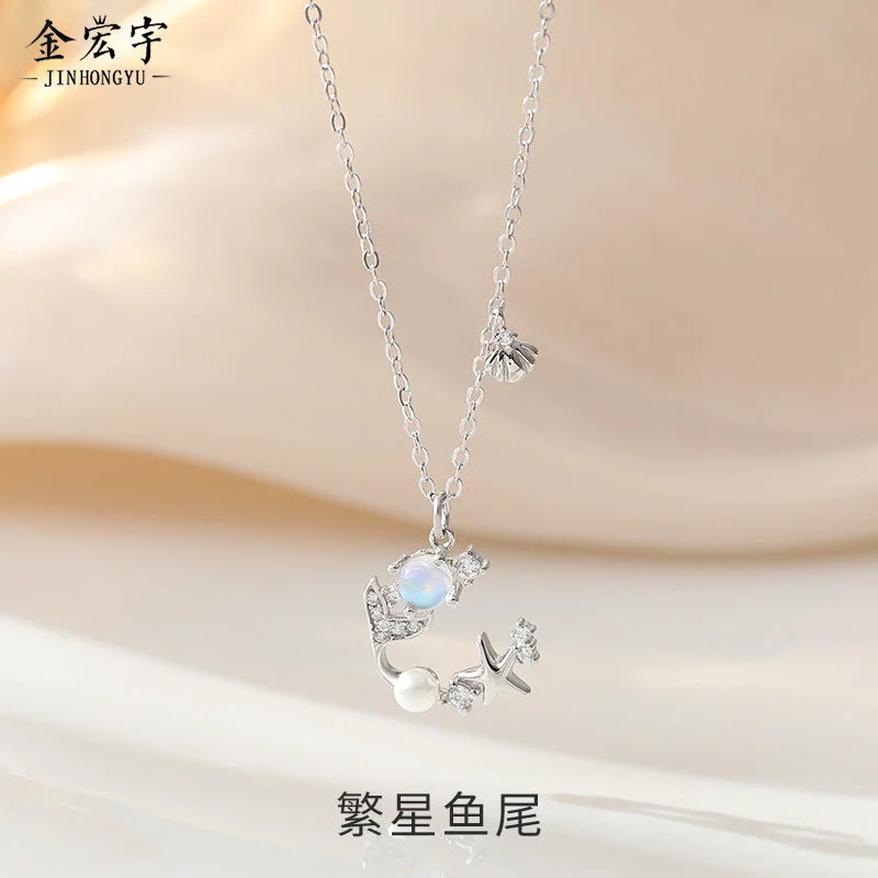 Best necklaces and pendants with matching earrings for a coordinated, elegant look-Wholesale 925 Sterling Silver Star Fishtail Moonstone Clavicle Necklace