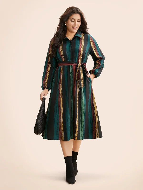 Plus size dresses with A-line cuts flatter curves -Colored Striped Belted Lantern Sleeve Dress