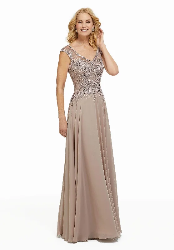 Plus size dresses with muted tones blend well -MGNY By Mori Lee - 72021 Beaded Lace V-neck A-line Chiffon Gown