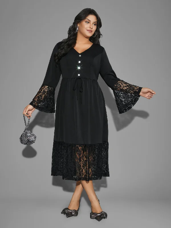 Plus size dresses featuring ruffle details add charm -Lace Patchwork Button Detail Tie Knot Dress