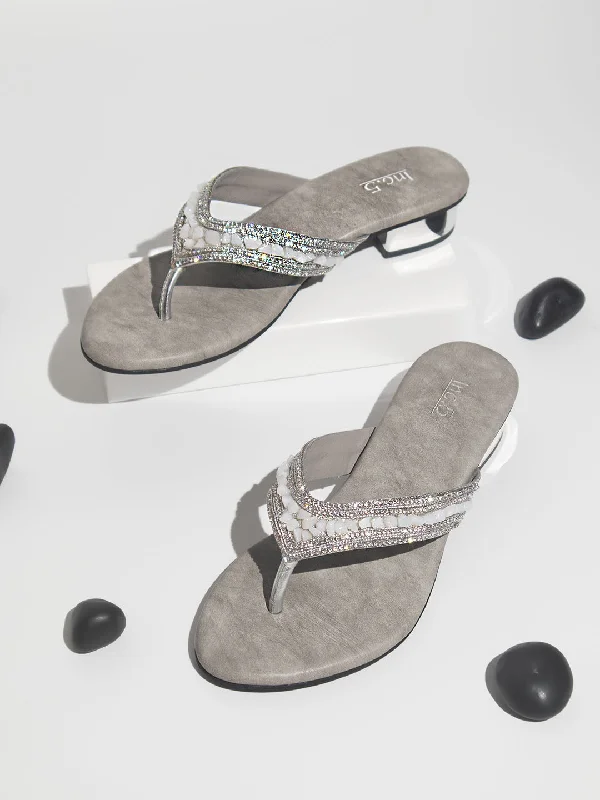 Comfortable sandals for women with elastic straps and lightweight construction for ease-Women Silver Embellished Block Sandals