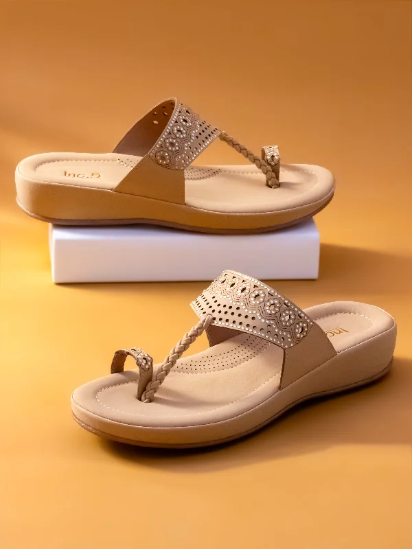 Stylish sandals for women with metallic accents and sleek, minimalist style-Women Beige One Toe Comfort Sandals with Laser Cuts