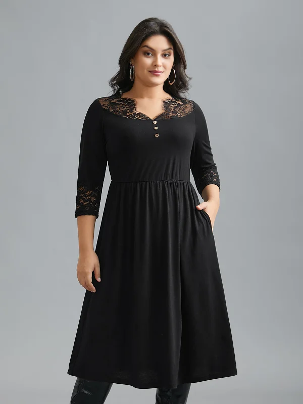 Plus size dresses with soft skirts feel light -Lace Trim Stitch Button Detail Dress