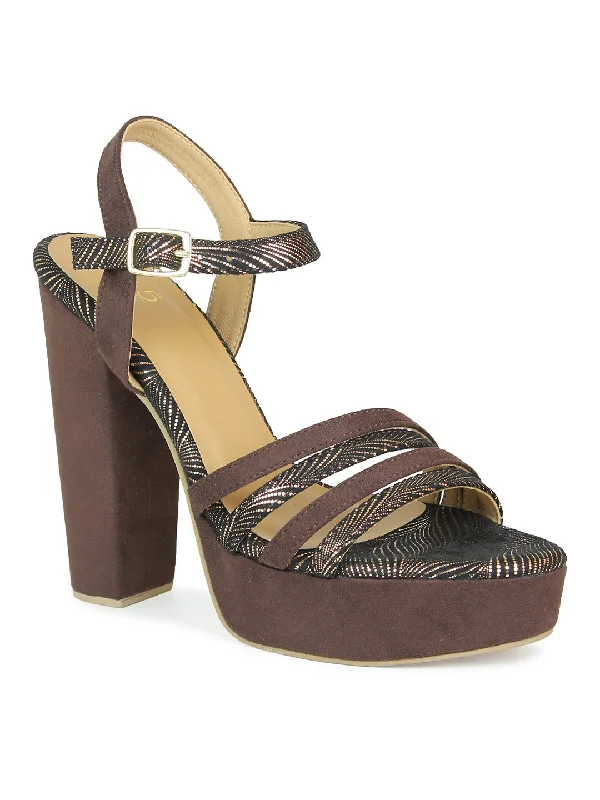 Stylish sandals for women with unique buckle details and flat design-Women Brown Textured Party Platform Sandals