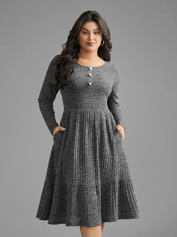 Plus size dresses featuring striped patterns are fresh -Crew Neck Rib Knit Button Detail Dress