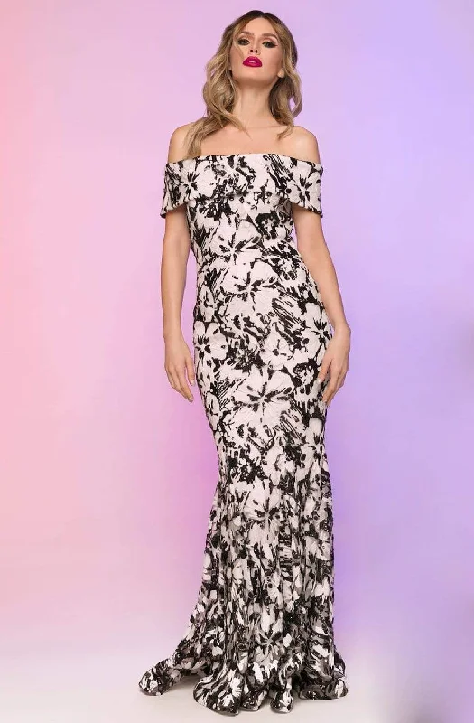 Plus size dresses for trendy vibes stay current -Nicole Bakti - 6759R Floral Detailed Off-Shoulder Trumpet Dress