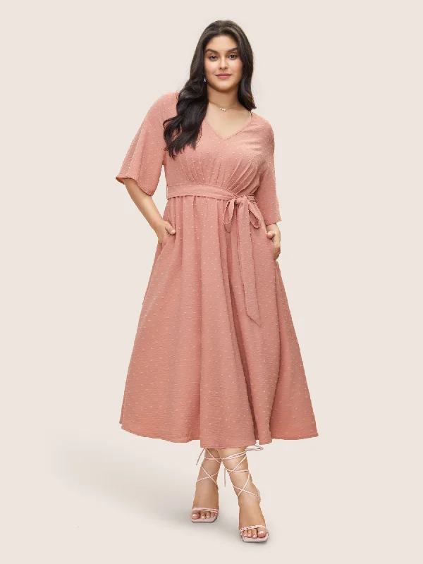 Plus size dresses for long days support fully -Solid Texture Belted Ruffle Sleeve Dress