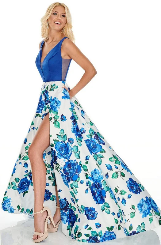 Plus size dresses featuring satin finishes feel smooth -Rachel Allan Prom - 7021 Plunging Neck Floral High Slit Gown