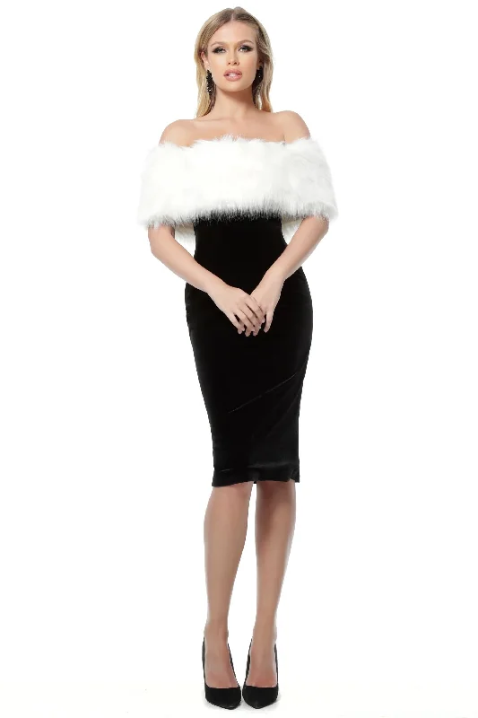 Plus size dresses with side ties cinch nicely -Jovani - 63883 Fur Cape Off-Shoulder Velvet Dress