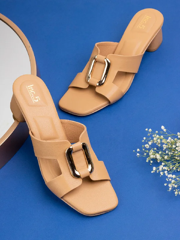 Comfortable sandals for women with memory foam footbed for all-day wear-Womens Beige Solid Square Toe Party Wear Block Heel Sandals