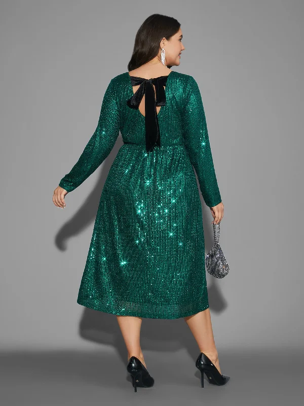 Plus size dresses featuring satin finishes feel smooth -Sequin Patchwork Velvet Tie Knot Dress