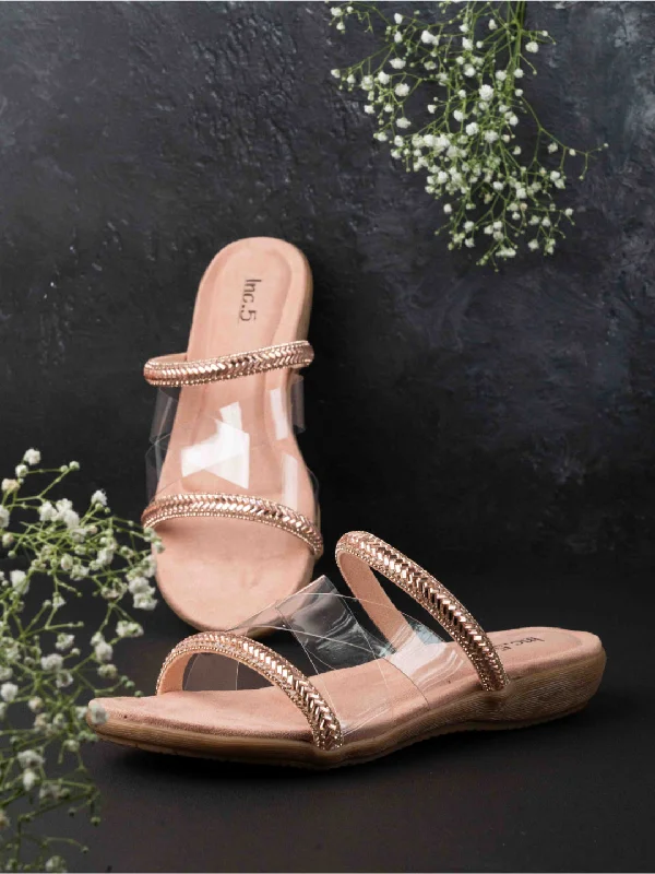 Stylish sandals for men with rubber footbed and adjustable strap for better fit-Womens Rose Gold Casual Transparent Ethnic Round Toe Flat sandals