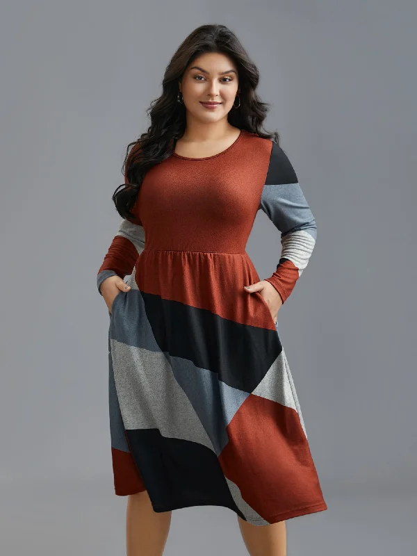 Plus size dresses for office wear stay sharp -Round Neck Geometric Colorblock Contrast Dress