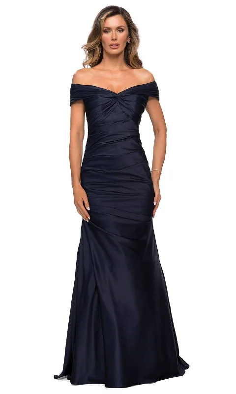 Plus size dresses with elastic waists stretch easily -La Femme - Pleated Bodice Trumpet Evening Dress 28047SC