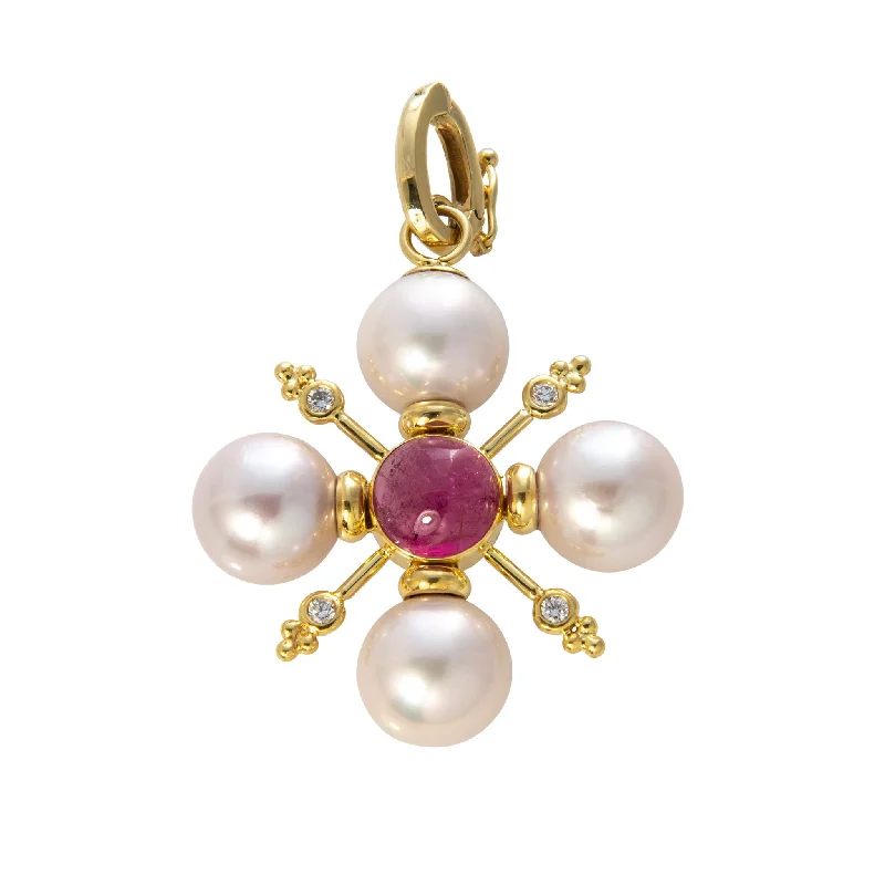 Elegant necklaces and pendants with diamond accents for added sparkle-Mazza Pink Tourmaline, Diamond & Pearl 14K Gold Cross Pendant