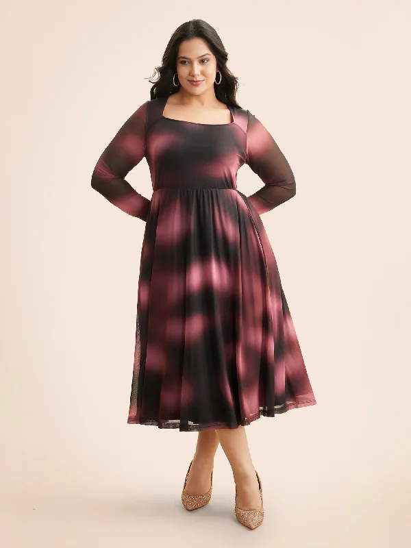 Plus size dresses with jewel tones dazzle quietly -Square Neck Gradient Dyeing Mesh Dress