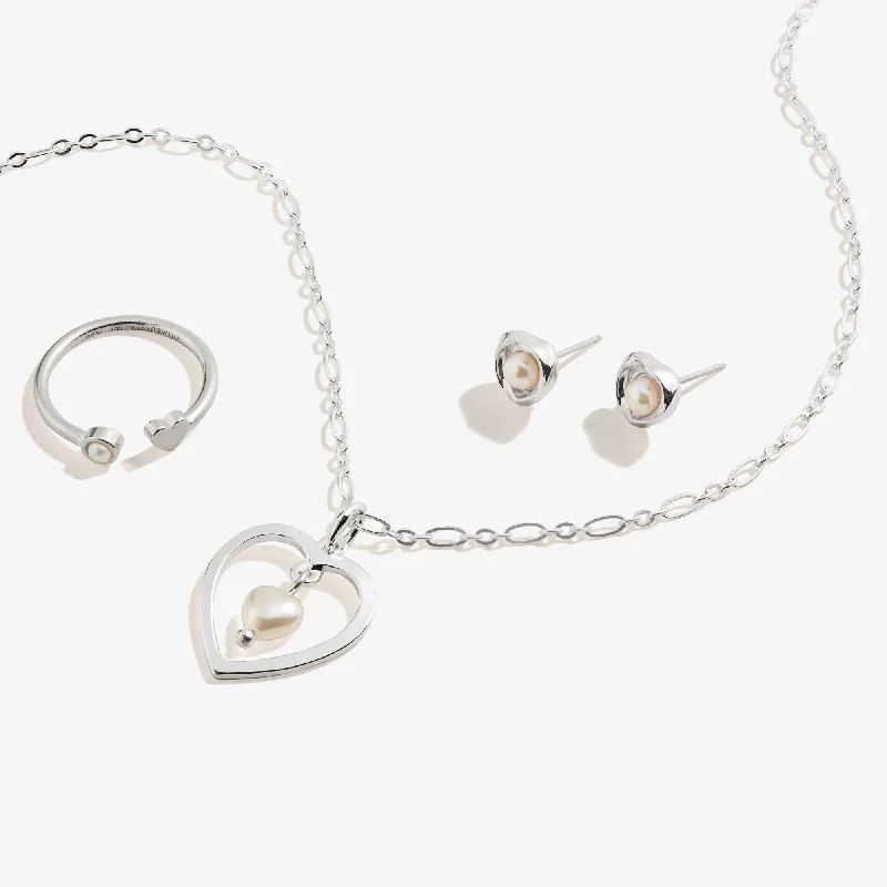 Necklaces and pendants with star-shaped designs for a whimsical, celestial touch-Pearl Heart Necklace, Stud Earring + Ring Set