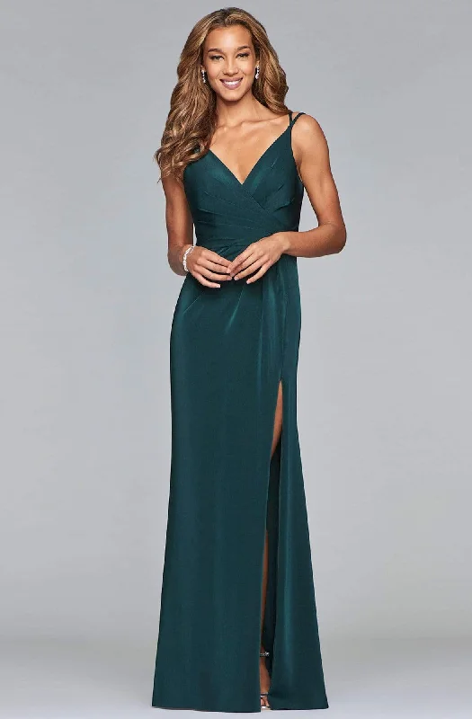 Plus size dresses with sleek silhouettes look sharp -Faviana - 7755 Sleeveless V Neck High Slit Faille Satin Dress