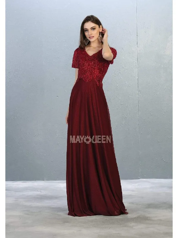 Plus size dresses with sleek necks stay elegant -May Queen - MQ1794 Appliqued Short Sleeve Bodice Glitter Long Dress