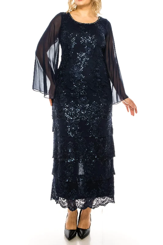 Trendy plus size dresses with bold prints stand out -Maya Brooke 28407MV - Floral Sequined Sheer Long Sleeved Tiered Dress