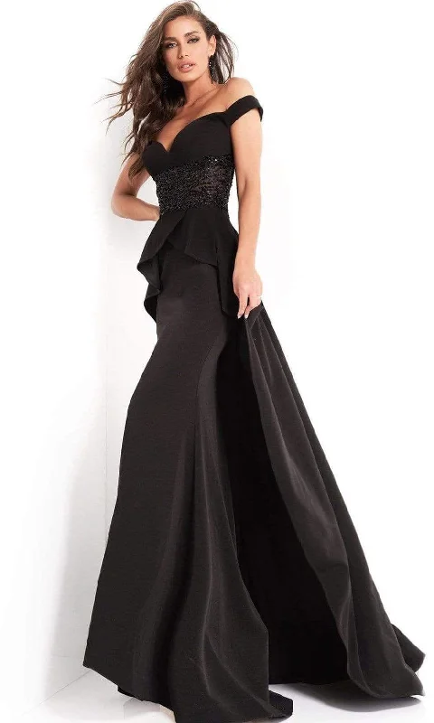 Plus size dresses for fancy nights shine bright -Jovani - 04460 Off Shoulder Embellished Dress With Overskirt