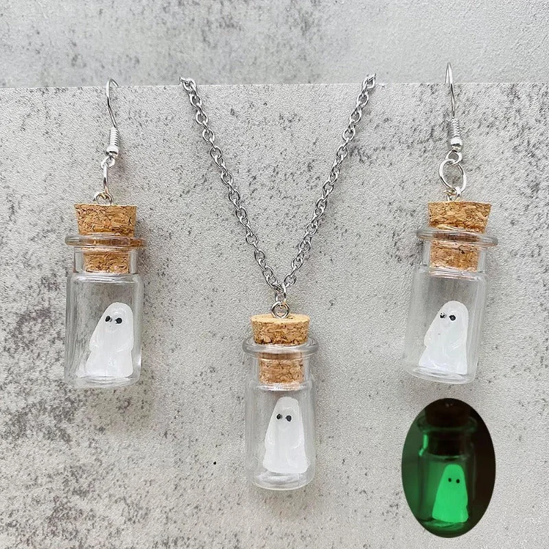 Fashionable necklaces and pendants with birthstones for a personalized gift idea-Wholesale Stereo Resin Glow-in-the-dark Ghost Halloween Wishing Bottle Earrings and Necklaces Set