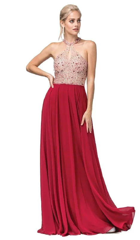 Plus size dresses featuring laser-cut details are unique -Dancing Queen - 2838 Beaded Keyhole Cutout Halter Long Dress