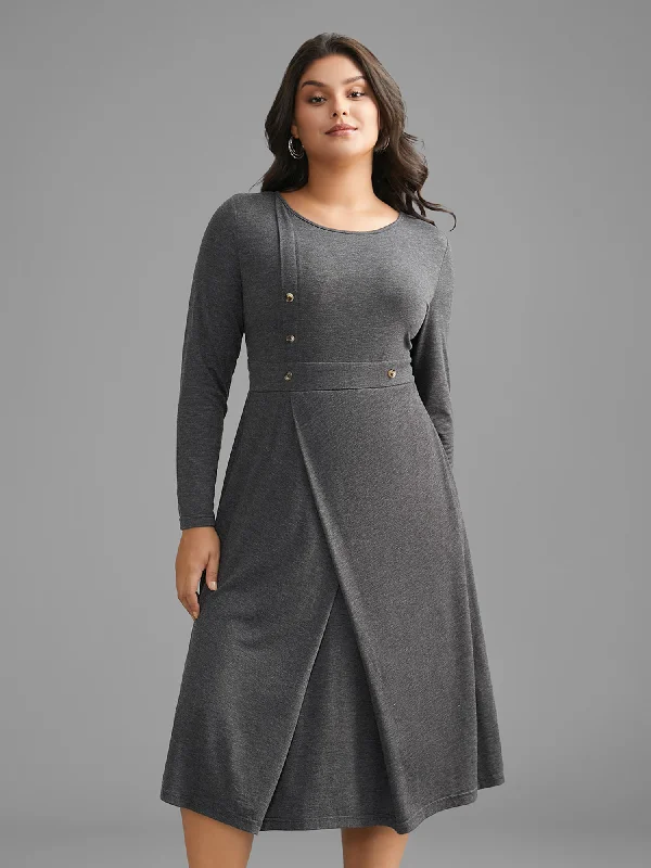 Plus size dresses featuring laser-cut details are unique -Solid Button Detail Wrap Hem Knit Dress