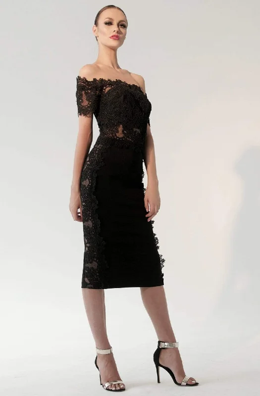 Plus size dresses featuring sequins sparkle subtly -Nicole Bakti - 592 Lace Appliqued Off-Shoulder Cocktail Dress