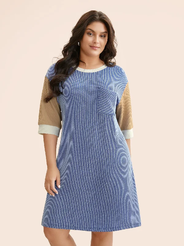 Plus size dresses with timeless charm stay chic -Texture Contrast Patchwork Patched Pocket Dress